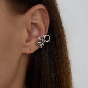 Spooky Motif Ear Cuff — Spider, Skull & Skeleton Designs — Silver-colored spider