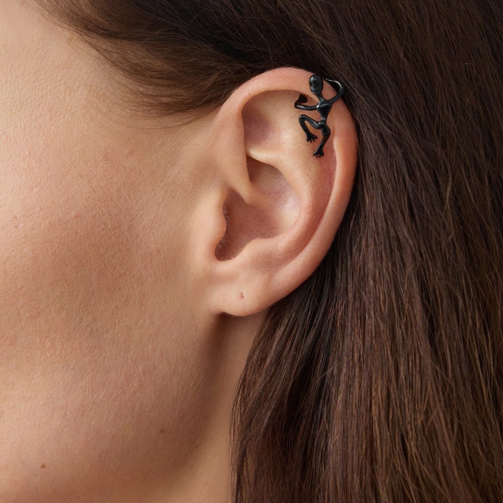 Spooky Motif Ear Cuff — Spider, Skull & Skeleton Designs — Black ghost figure
