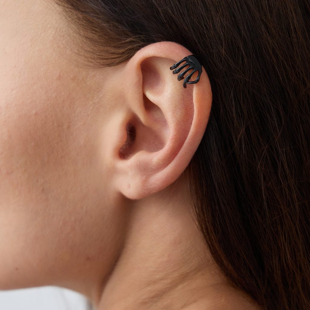 Spooky Motif Ear Cuff — Spider, Skull & Skeleton Designs — Black skeletal hand