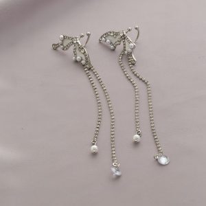 Butterfly & Pearl-Style Tassel Ear Jewelry — Silver-colored butterfly tassels