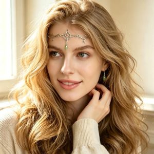 Woodland Vine Head Chain with Green Drop — Silver-colored vine — green drop