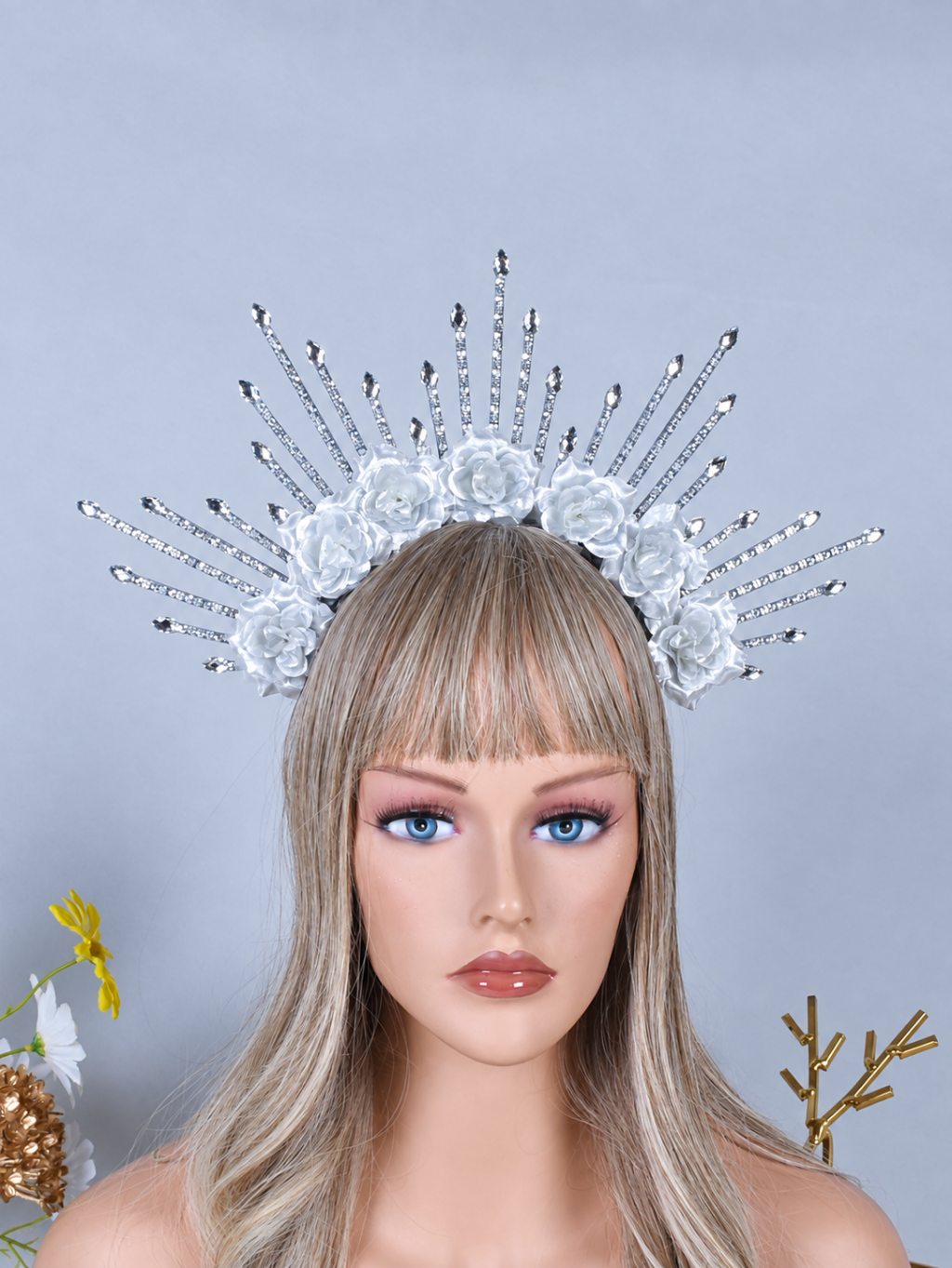 Rose Halo Crown — Black or Silver & White — White roses and silver-colored halo