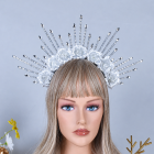 Rose Halo Crown — Black or Silver & White — White roses and silver-colored halo
