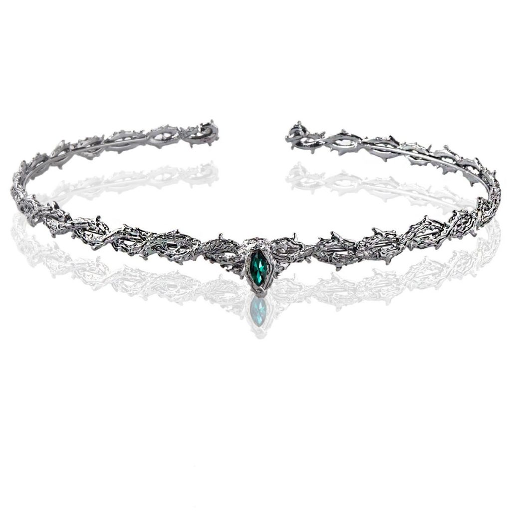 Thorn Circlet with Marquise-Style Jewel Accent — Gunmetal-colored — green accent