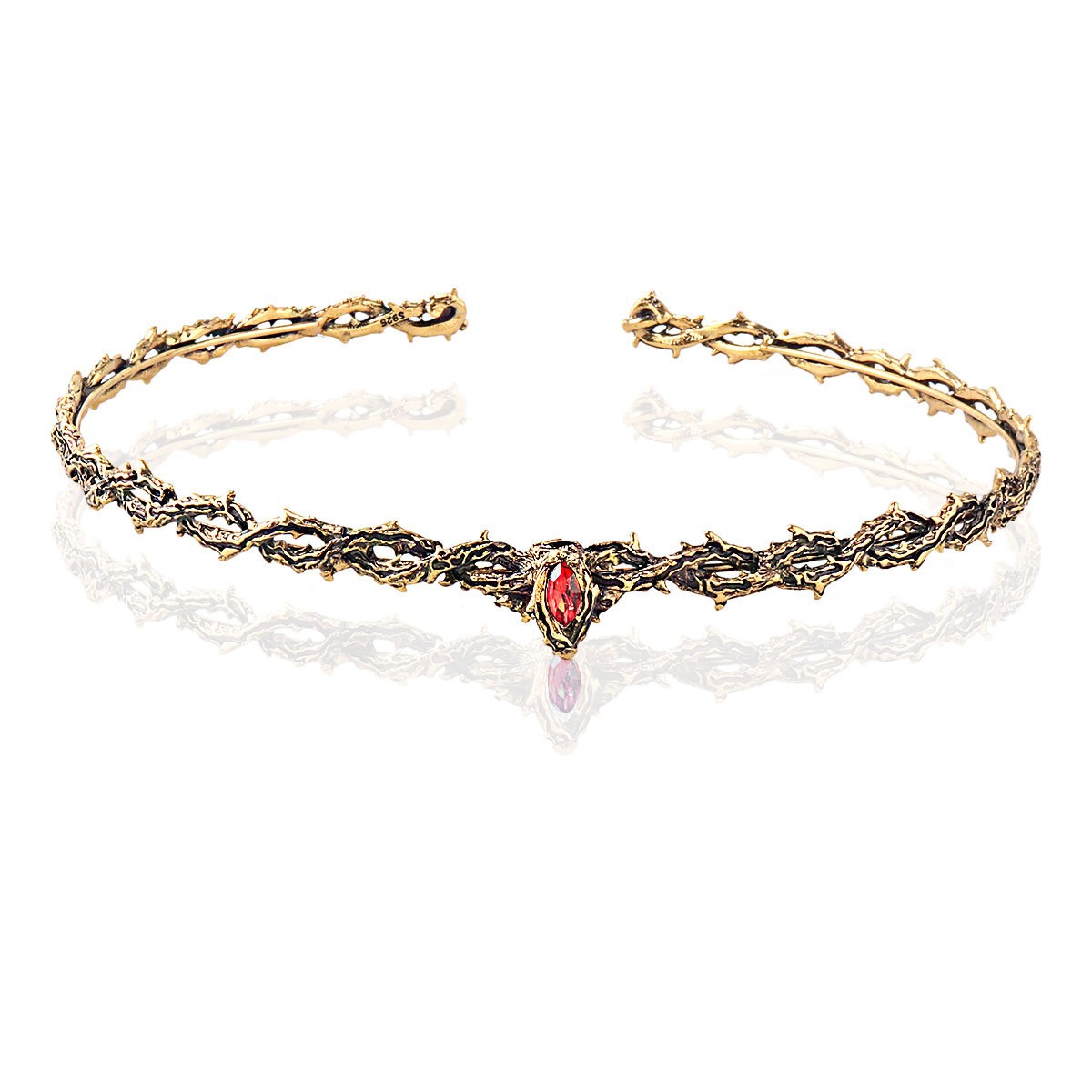 Thorn Circlet with Marquise-Style Jewel Accent — Antique gold-colored — red accent