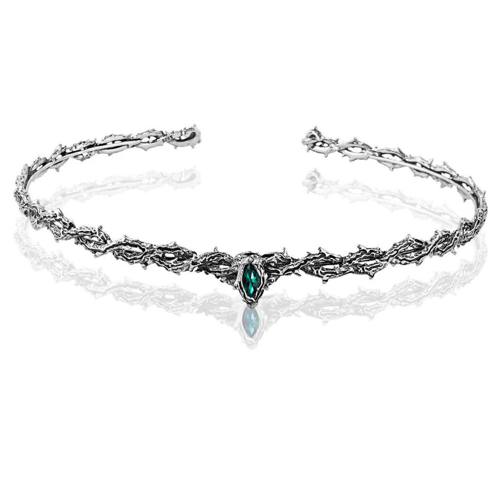 Thorn Circlet with Marquise-Style Jewel Accent — Antique silver-colored — green accent
