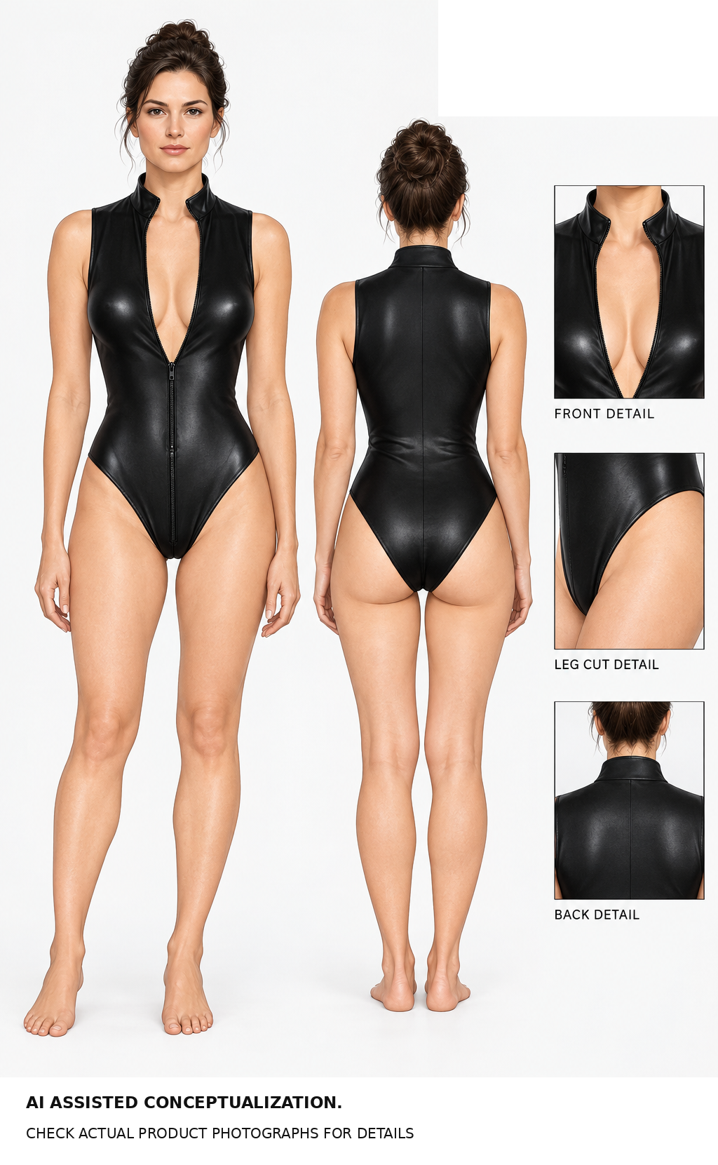 AI assisted conceptualization of an adult model wearing a similar black bodysuit; check actual product photographs for details
