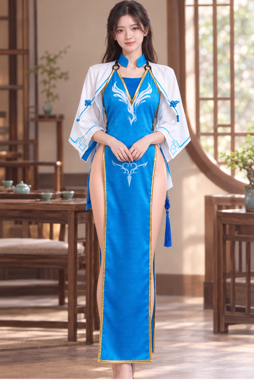 PA-15 Peacock Charm Blue Qipao Costume Set