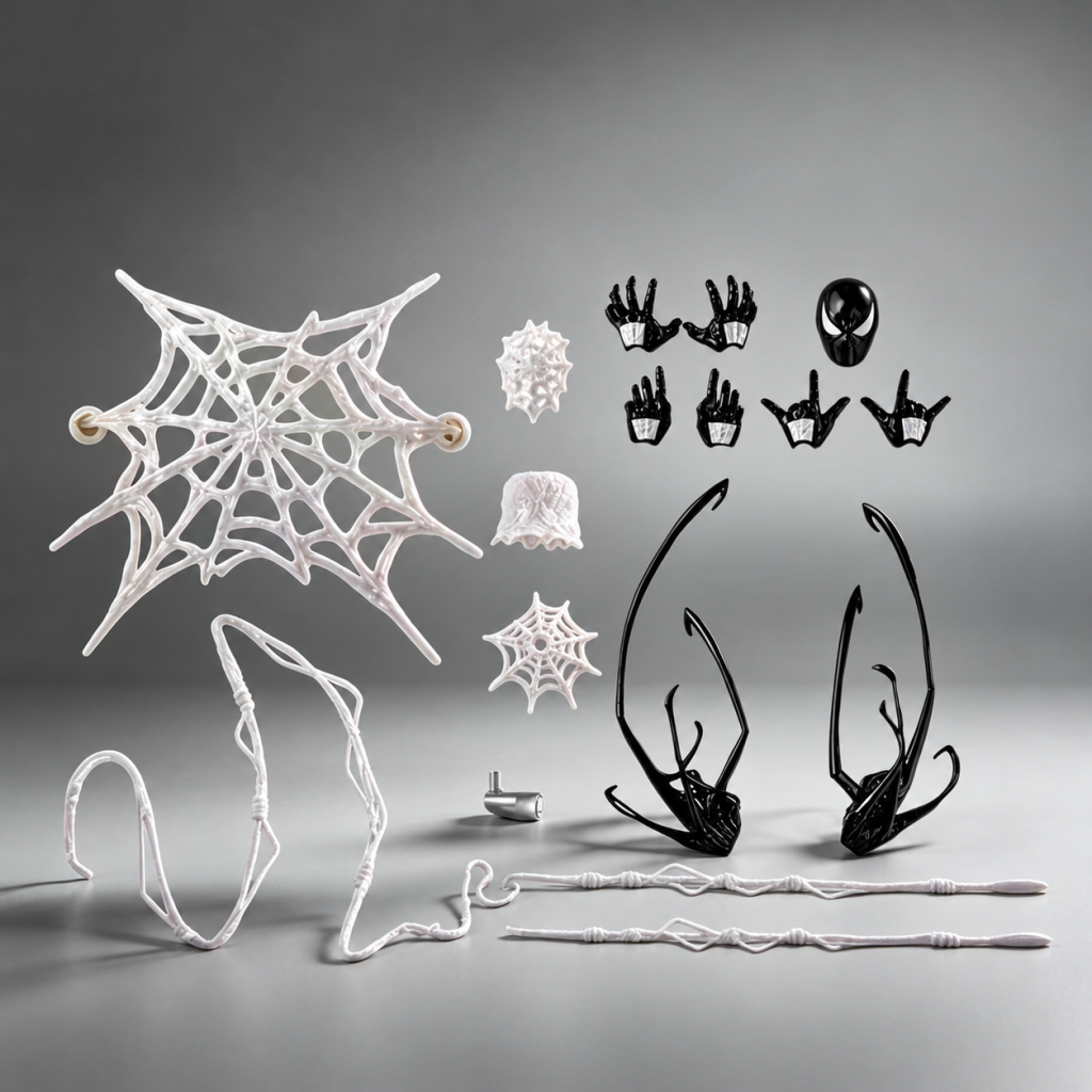 Included interchangeable hands, head, web effects and symbiote tendrils laid out beside each other