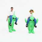 Adult and child versions of green inflatable alien ride-on costume