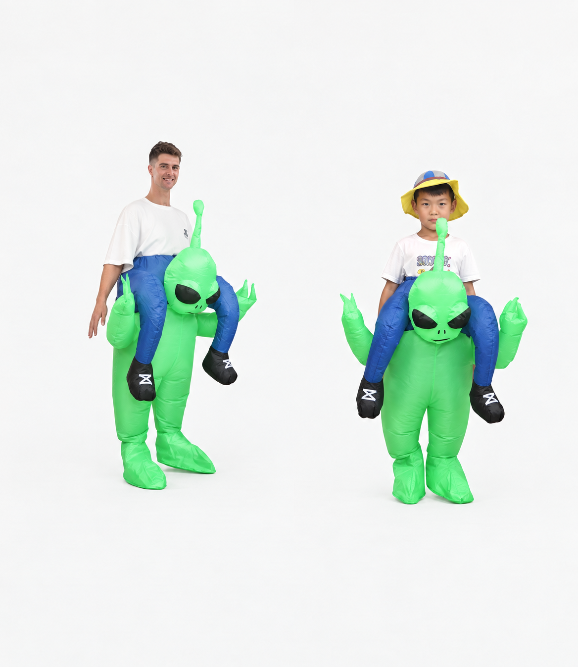 Adult and child versions of green inflatable alien ride-on costume