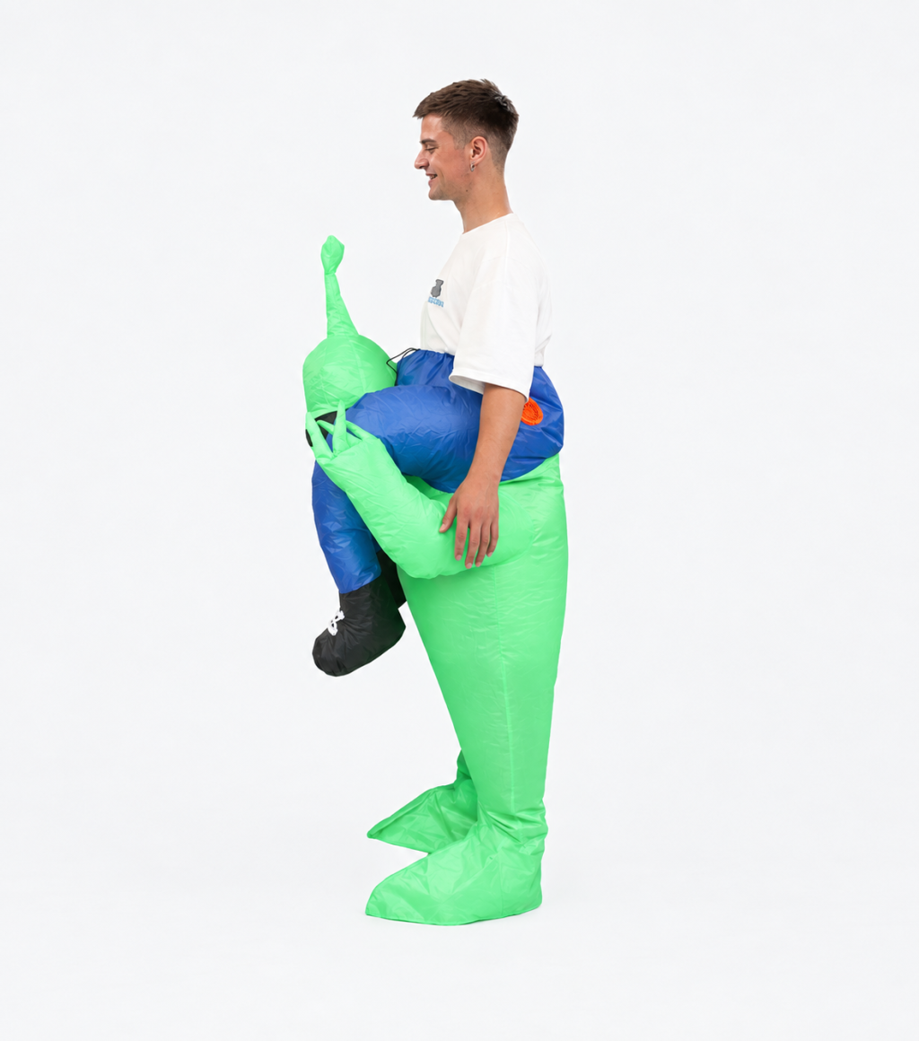 Side view showing alien costume profile and rear blower port