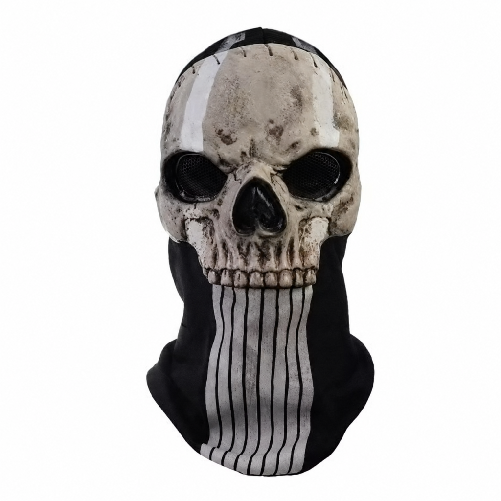 Striped-jaw skull hood mask shown for costume mask selection