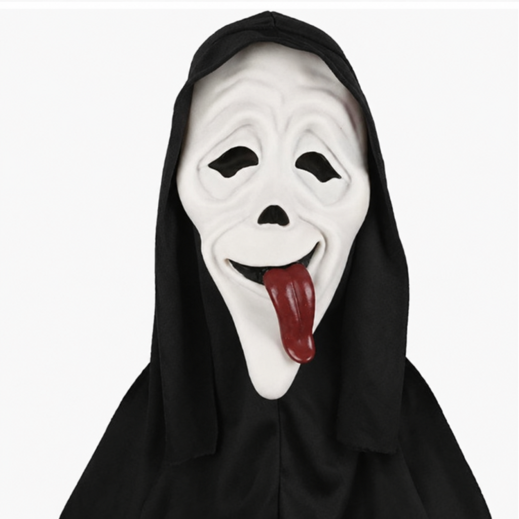 Tongue-out white face hood mask shown for costume mask selection