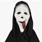 Tongue-out white face hood mask shown for costume mask selection