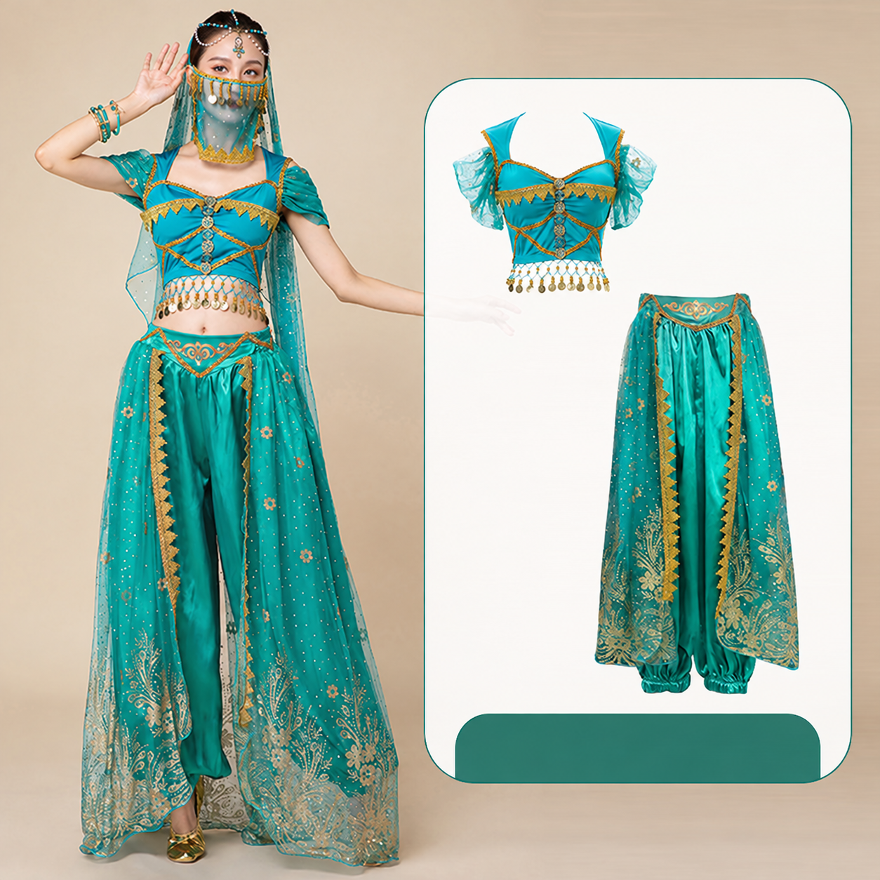 Aqua Blue two-piece choice: cropped top and embroidered overlay pants