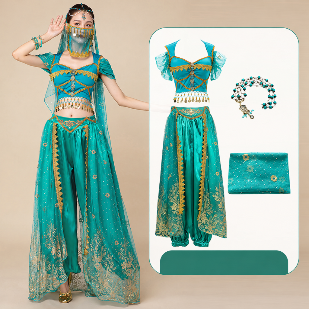 Aqua Blue three-piece choice: top, pants and head veil with ornament