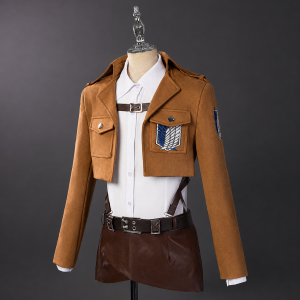 Armin Scout costume with white collared shirt and brown jacket