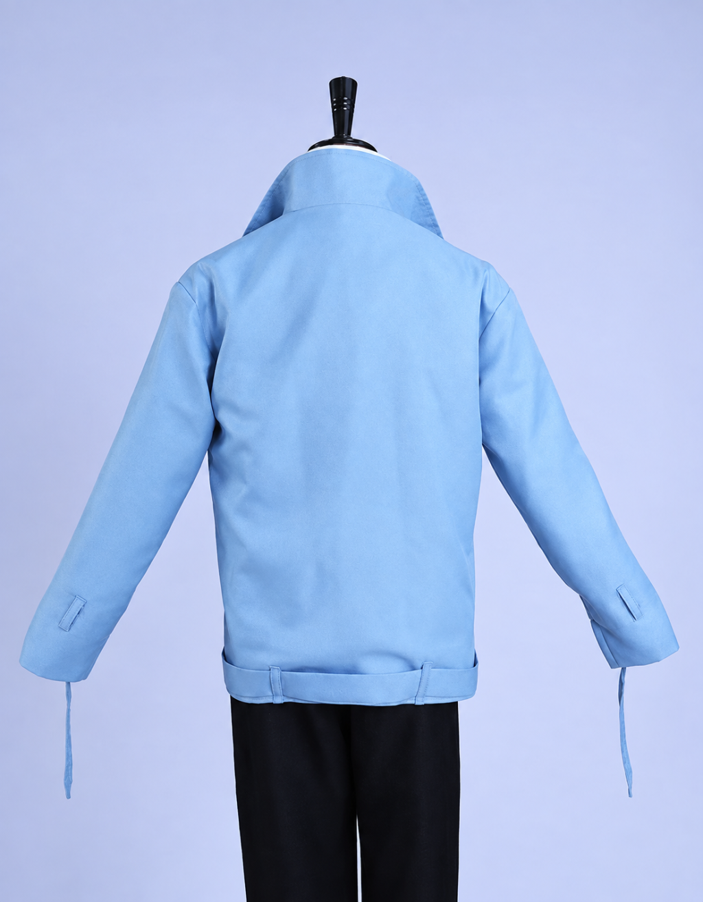 Back of Eiden's pale blue zip-front cosplay jacket with tall collar and hem straps