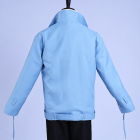 Back of Eiden's pale blue zip-front cosplay jacket with tall collar and hem straps