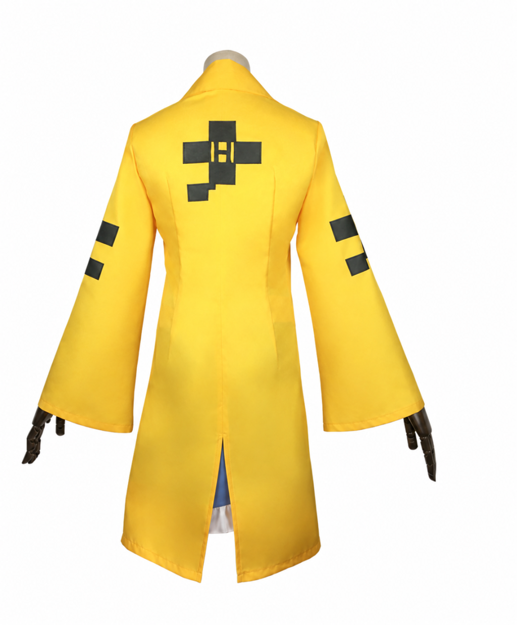 Back of yellow jacket with black emblem and sleeve markings