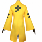 Back of yellow jacket with black emblem and sleeve markings