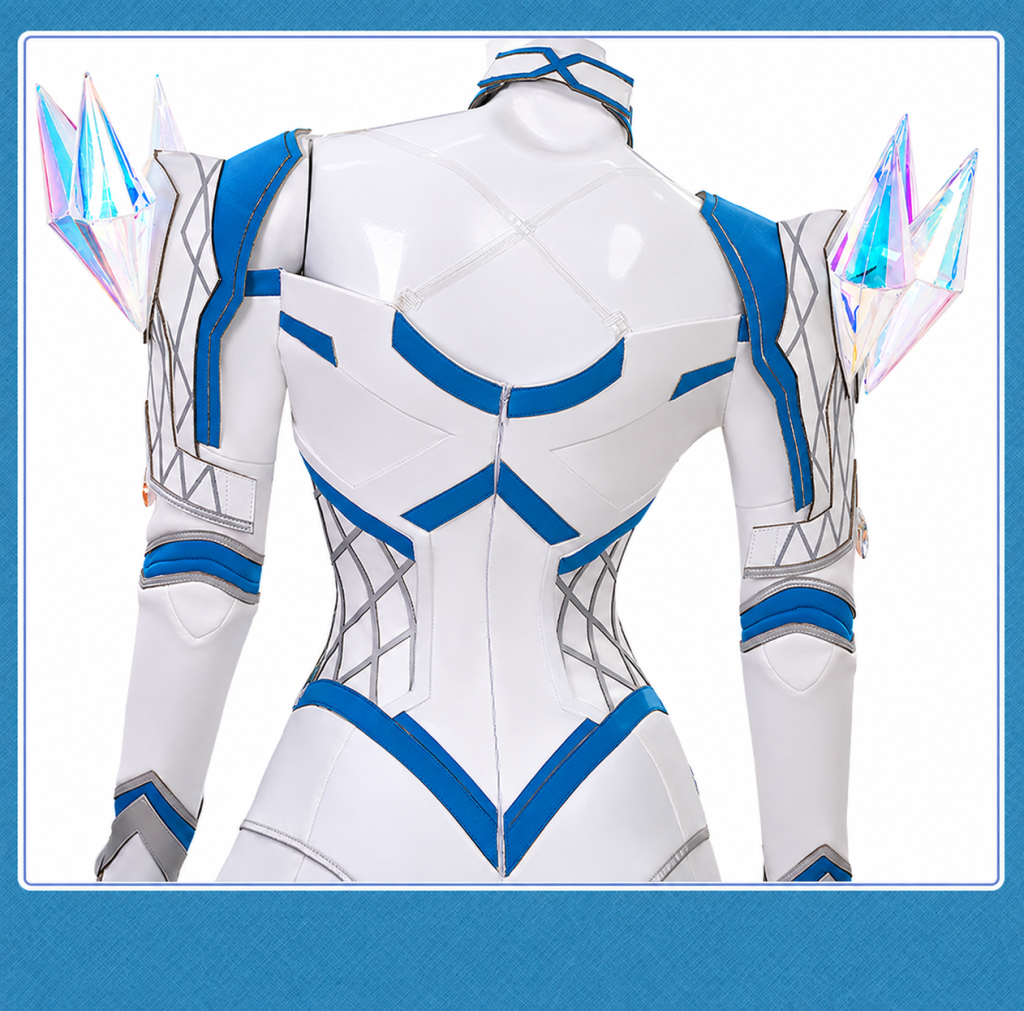 Emma Frost costume rear opening crossed straps zipper and geometric trim