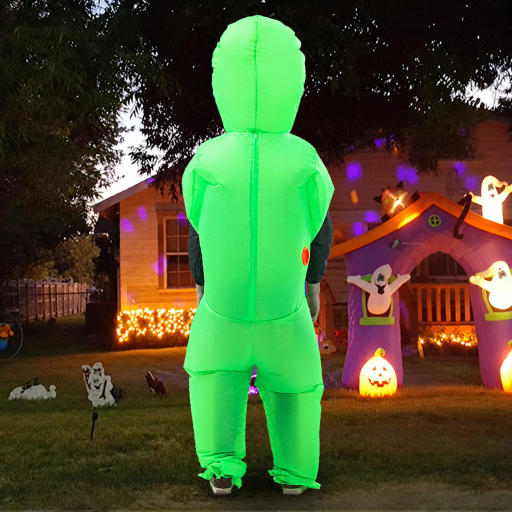 Rear view of green inflatable alien costume and fan opening