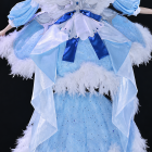 Back of swan costume with feather wings and blue ribbon tails