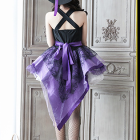 Back of witch dress with crossed straps and purple bow