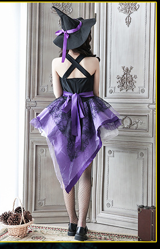 Back of witch dress with crossed straps and purple bow