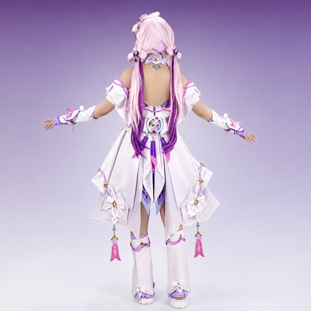 Rear view of lavender layered costume and back ornament