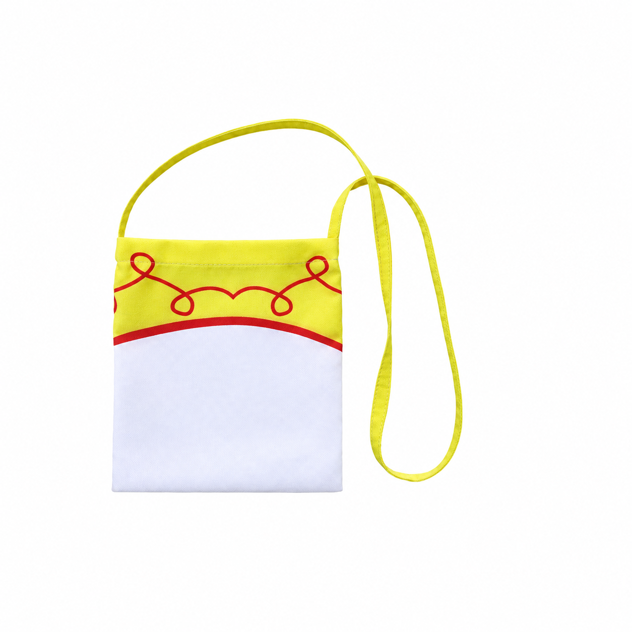 Jessie-inspired yellow and white bag with red loop print and shoulder strap
