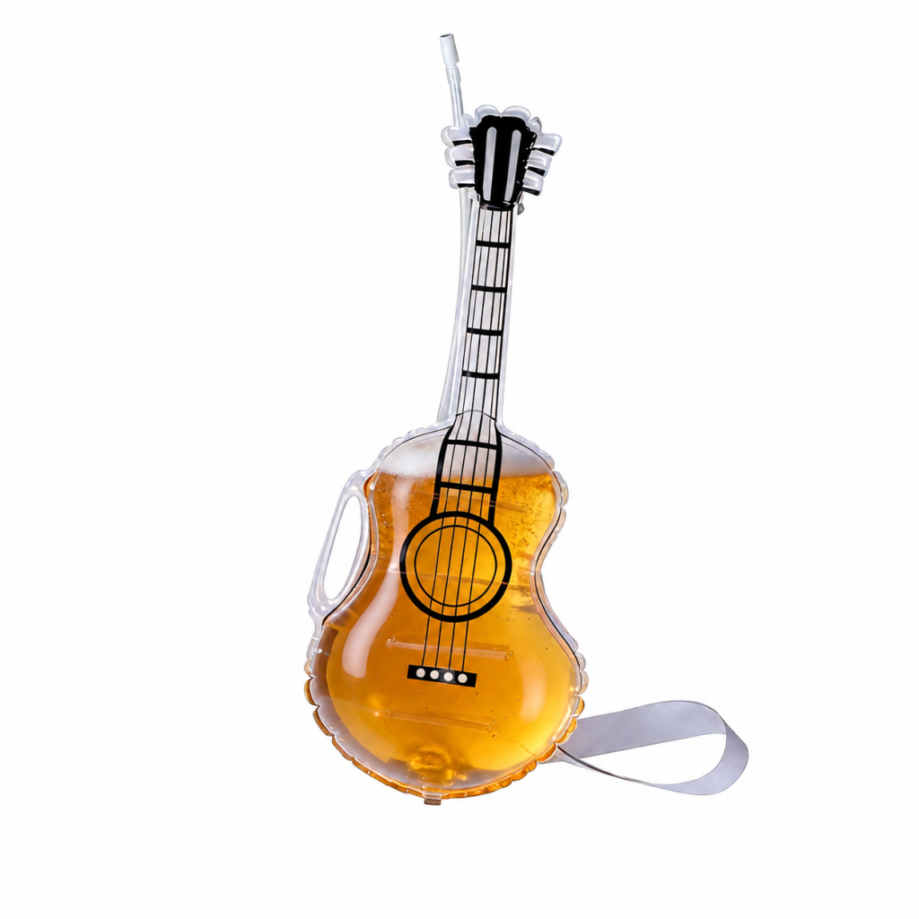 Beer-themed guitar-shaped costume prop with shoulder strap