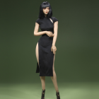 JO24X-02A black miniature cheongsam dress on display figure; figure not included