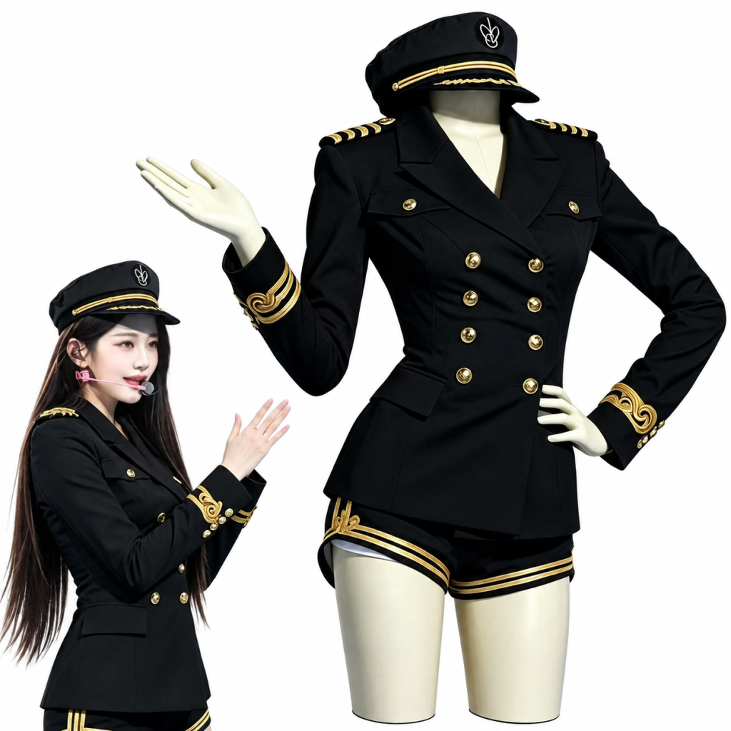 Black stage uniform with gold trim, cap, jacket and shorts