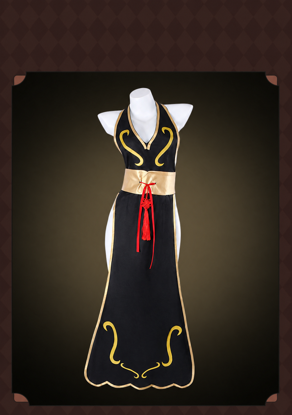 Black Chun-Li halter dress with gold trim and red tassel