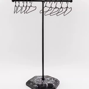 Black miniature display rack with dark hexagonal base and ten black hangers
