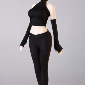 ACG-53 black C miniature yoga outfit with top separate sleeves and leggings on display body, body excluded
