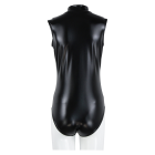 Back of black high-collar cosplay bodysuit on mannequin