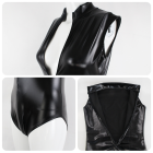 Black cosplay bodysuit collar, seams and leg opening details