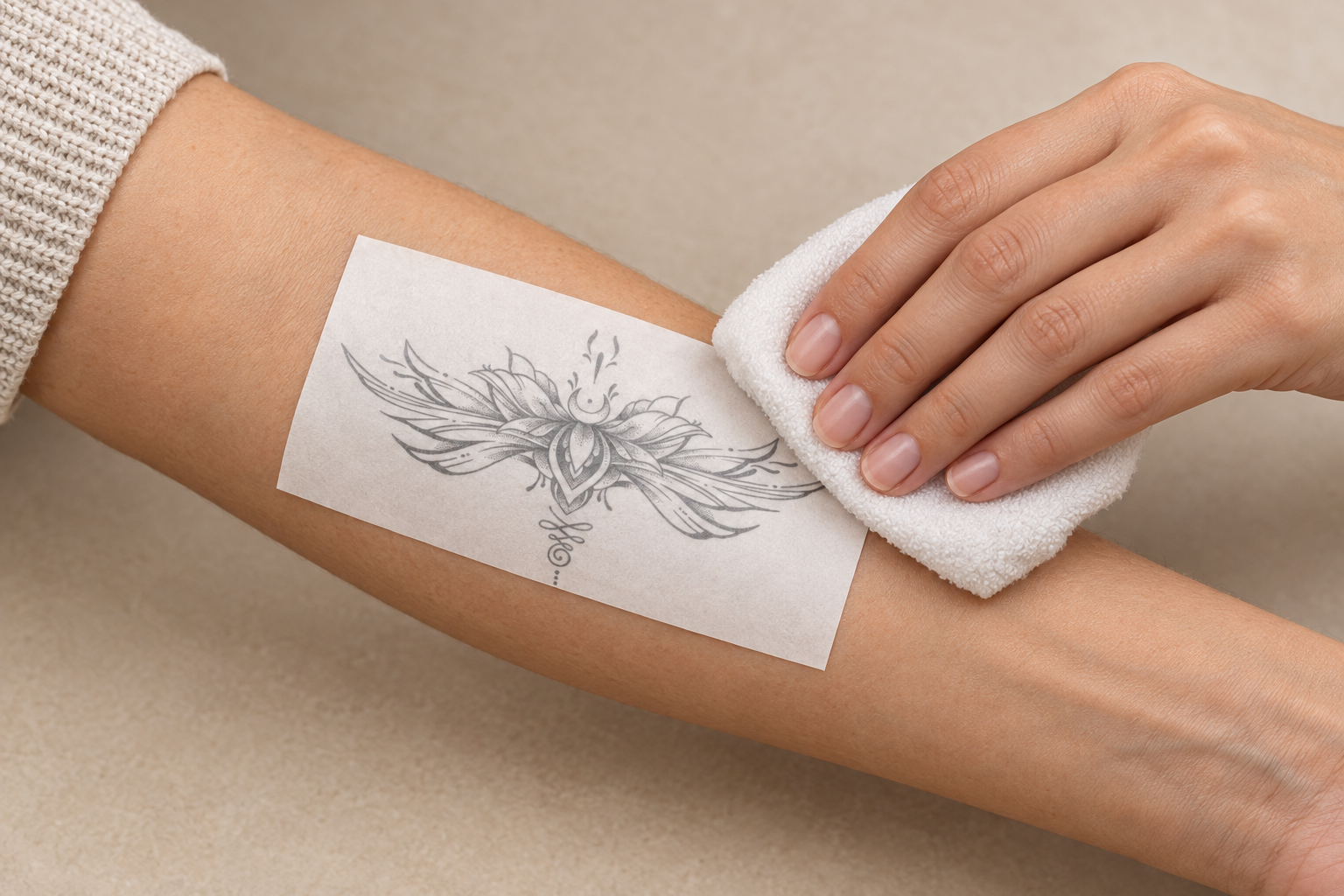 AI-generated illustration of damp cloth pressing paper backing of a water-transfer tattoo against an outer forearm