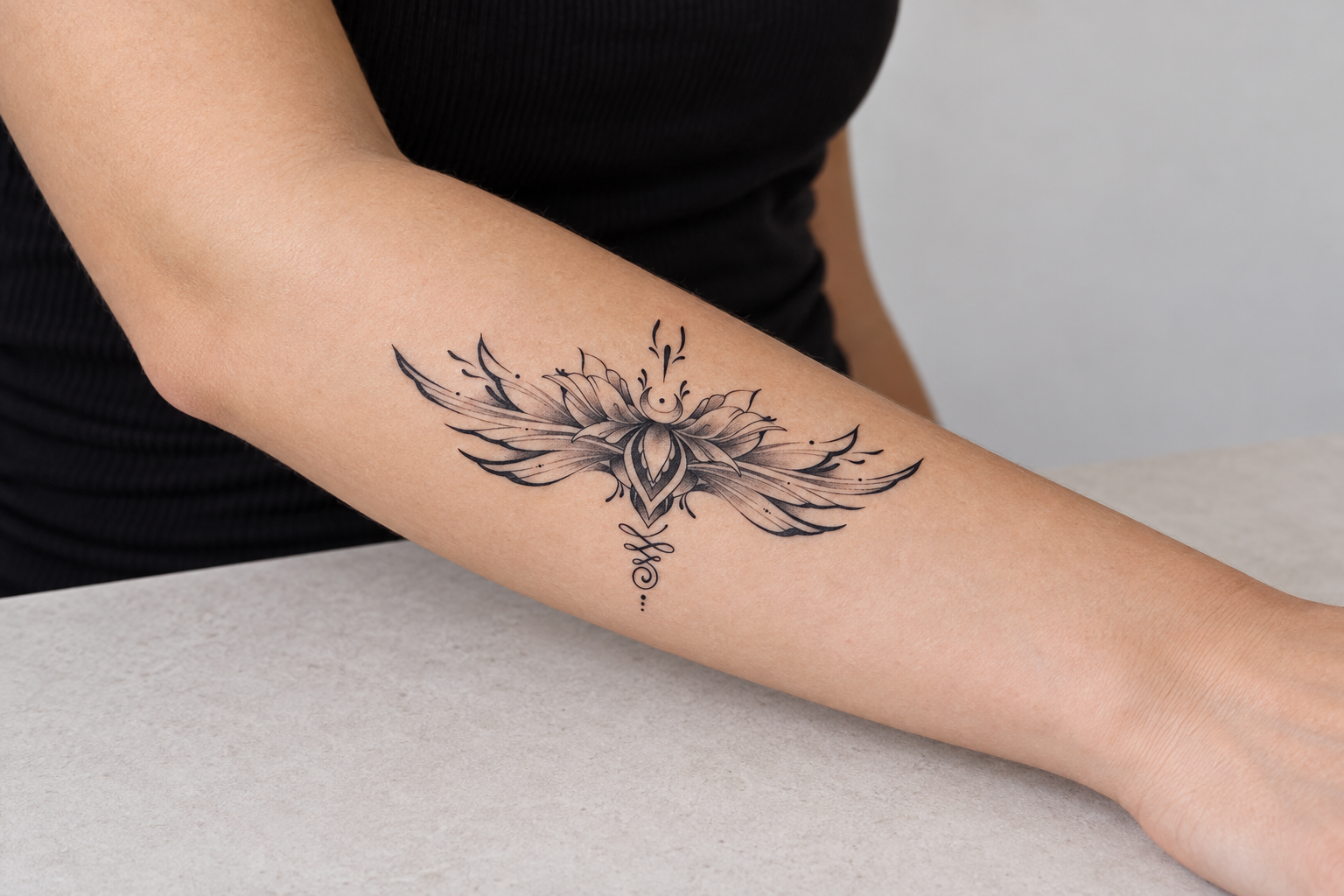 AI-generated illustration of finished flat black floral transfer tattoo ink on intact outer forearm skin, no film