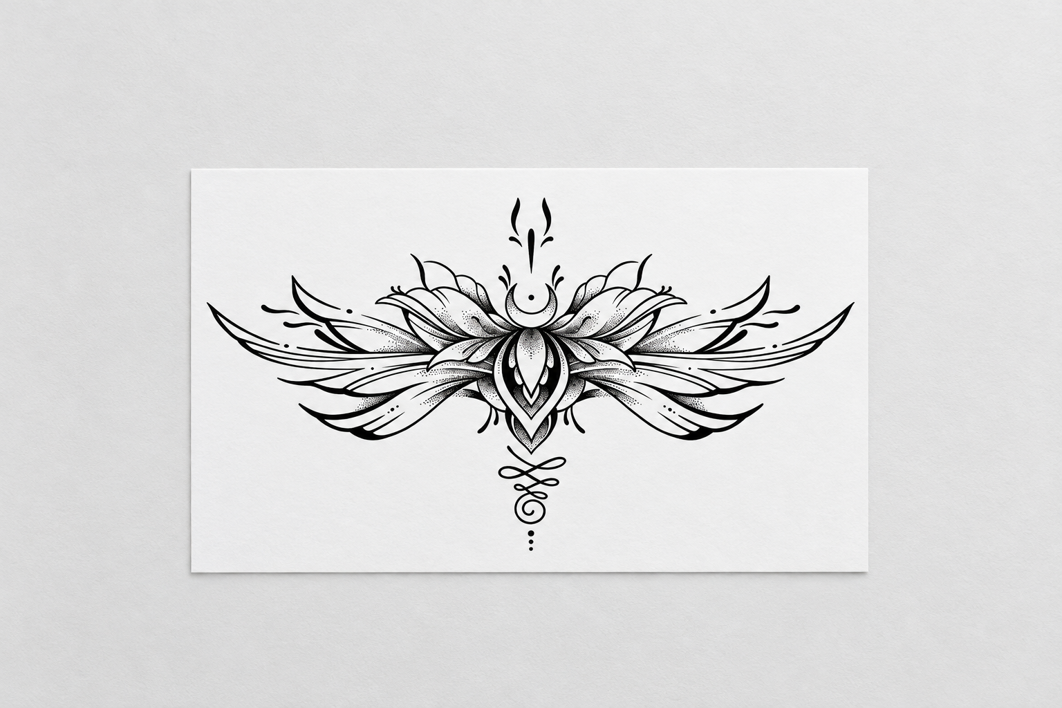 AI-generated illustration of a flat unused black floral water-transfer tattoo design sheet on a table