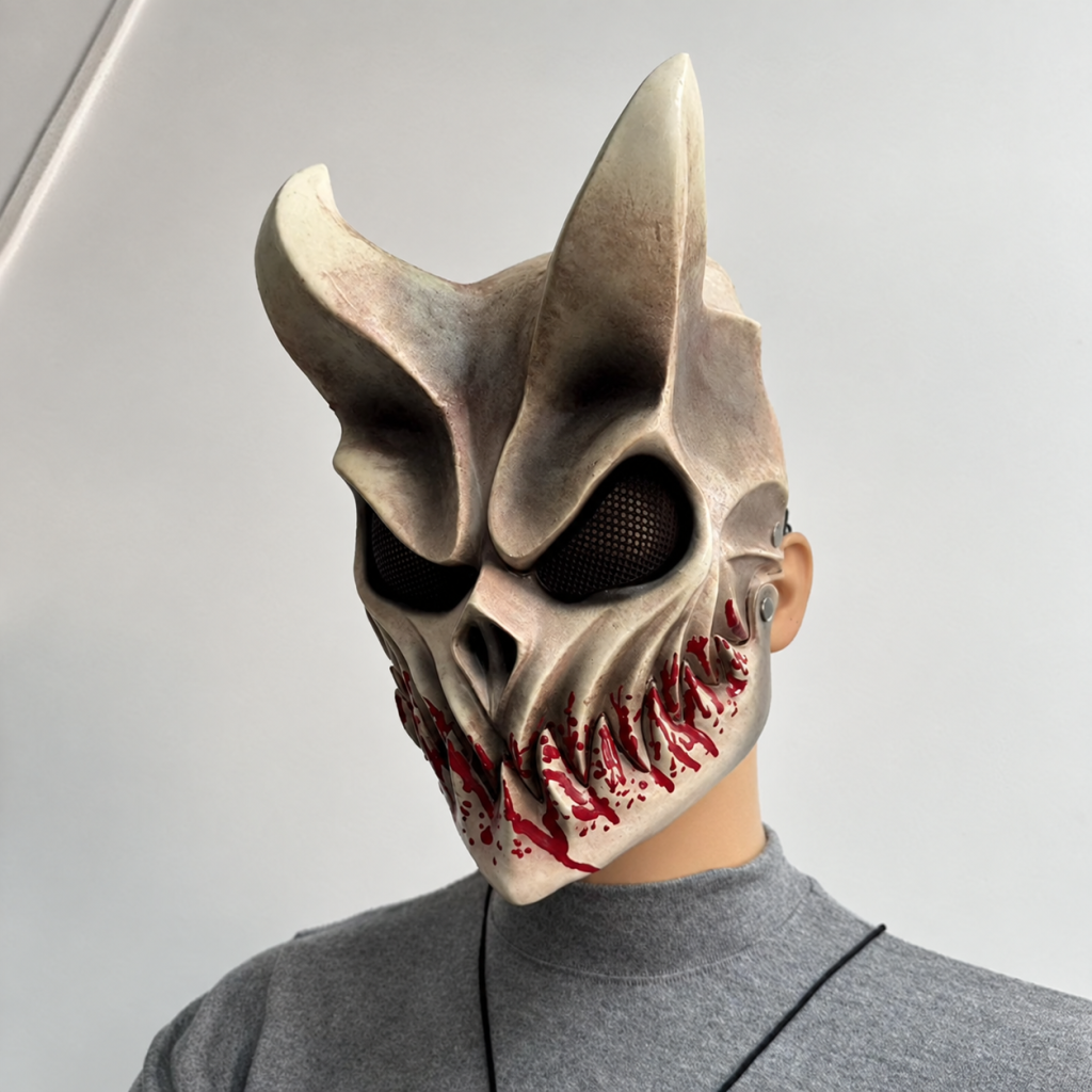 Blood-mouth horned skull mask with red painted jaw
