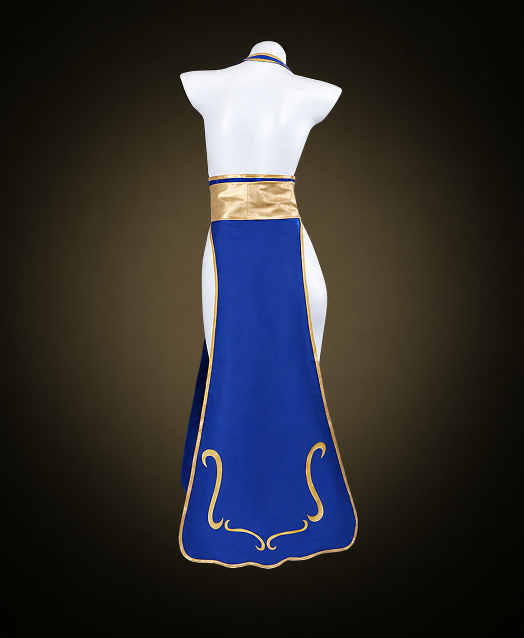 Open-back blue Chun-Li dress with gold waist detail