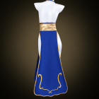 Open-back blue Chun-Li dress with gold waist detail