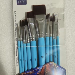 Ten blue-handled face-paint brushes with varied flat and pointed heads