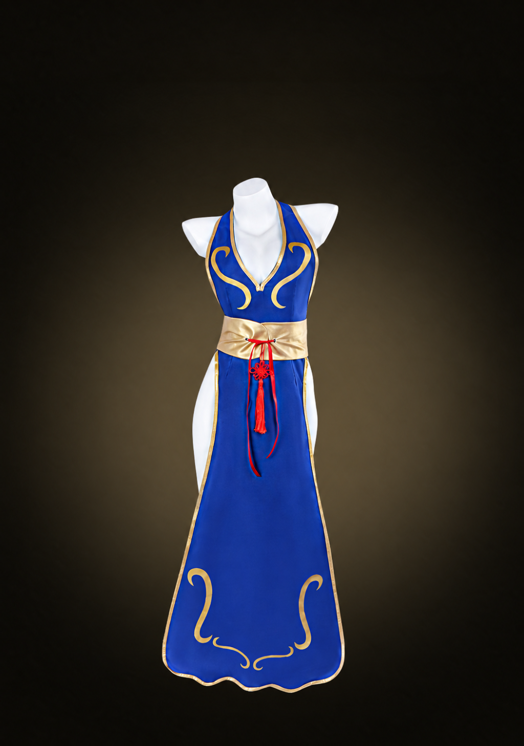 Blue Chun-Li halter dress with gold trim and red tassel