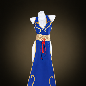 Blue Chun-Li halter dress with gold trim and red tassel